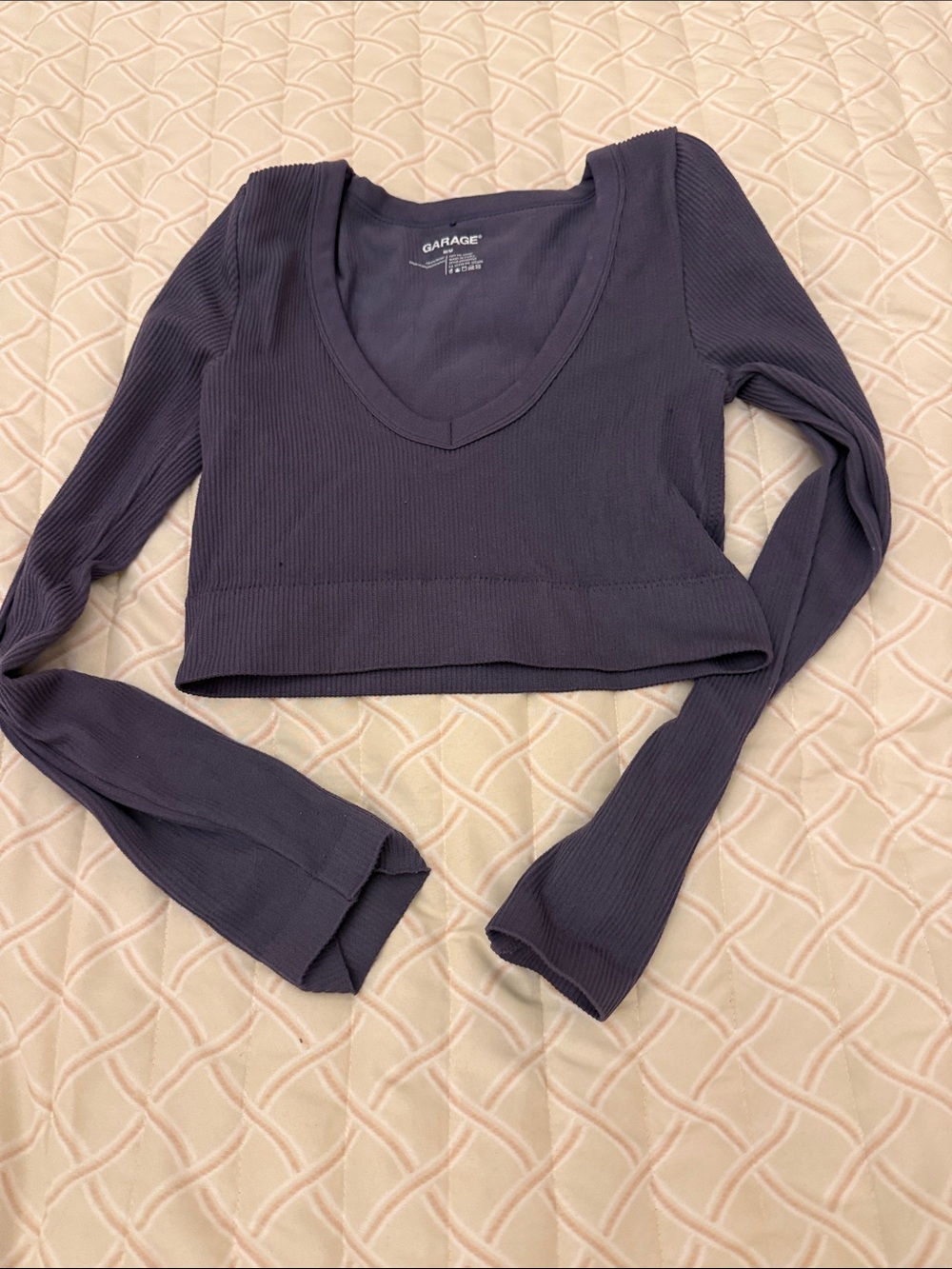 Garage Long Sleeve Ribbed Crop Top - Navy